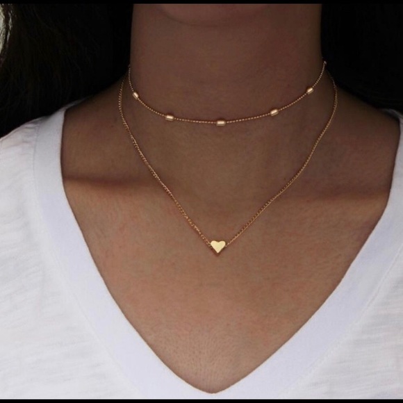Golden Threads Jewelry - 2 Layer Heart Chain Necklace Choker Gold Color